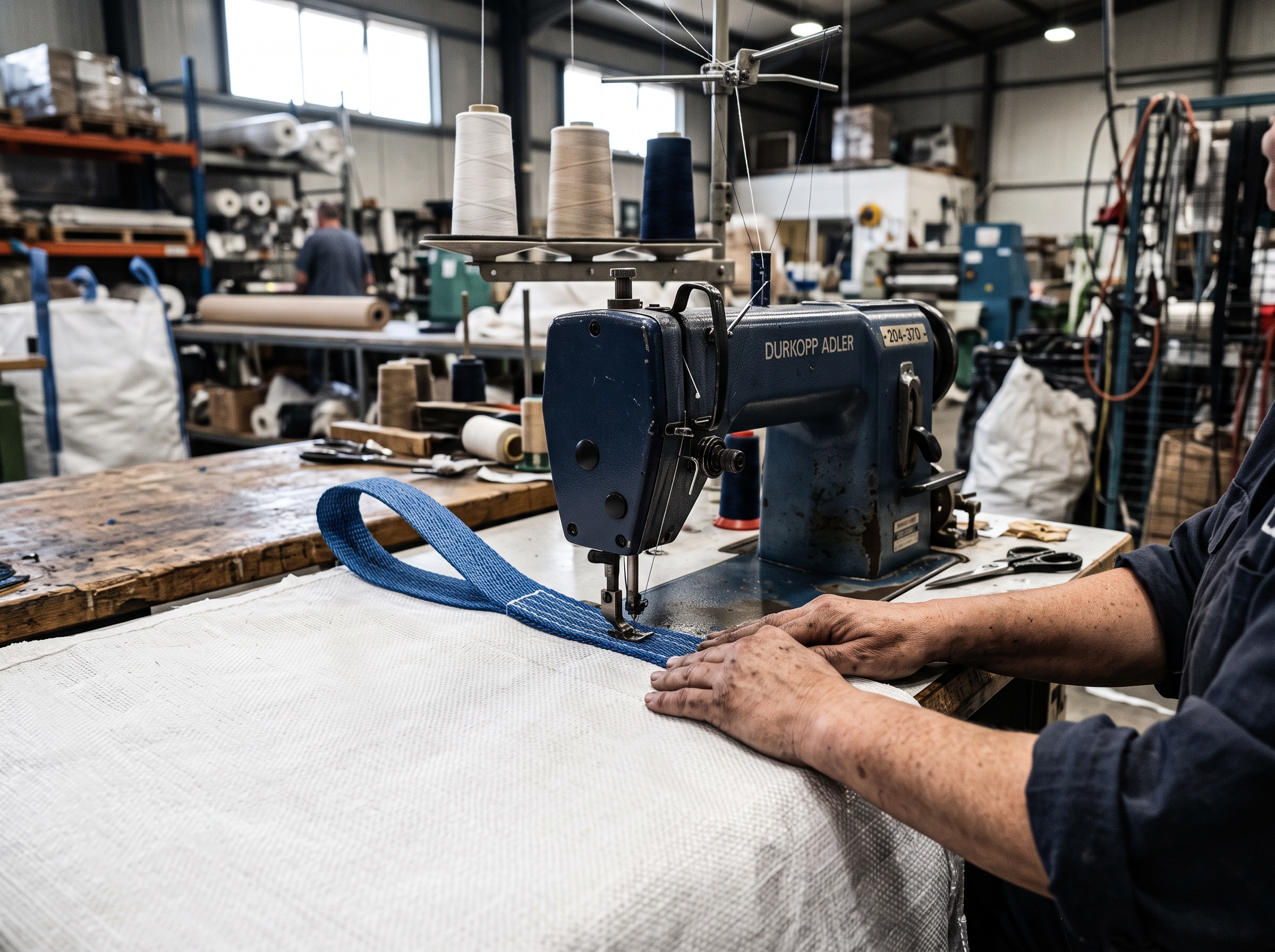 Atelier de confection des big bags : couture des boucles portantes sur une machine industrielle.