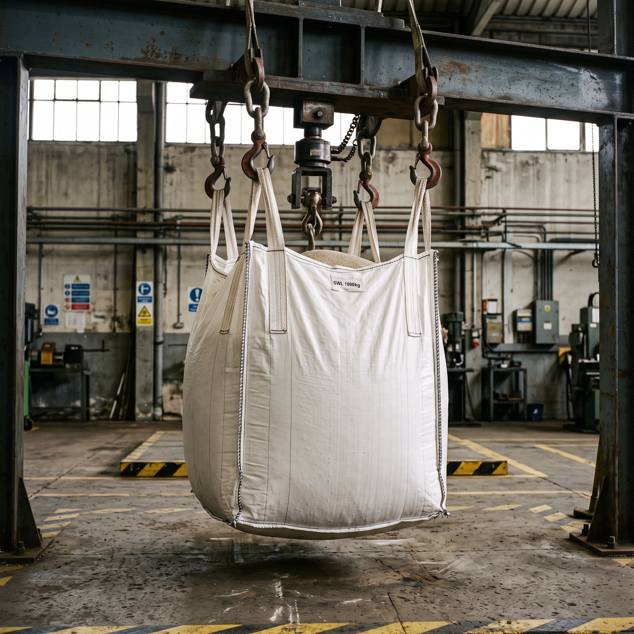 Essai de chute d’un big bag chargé sur le banc d’essai interne.